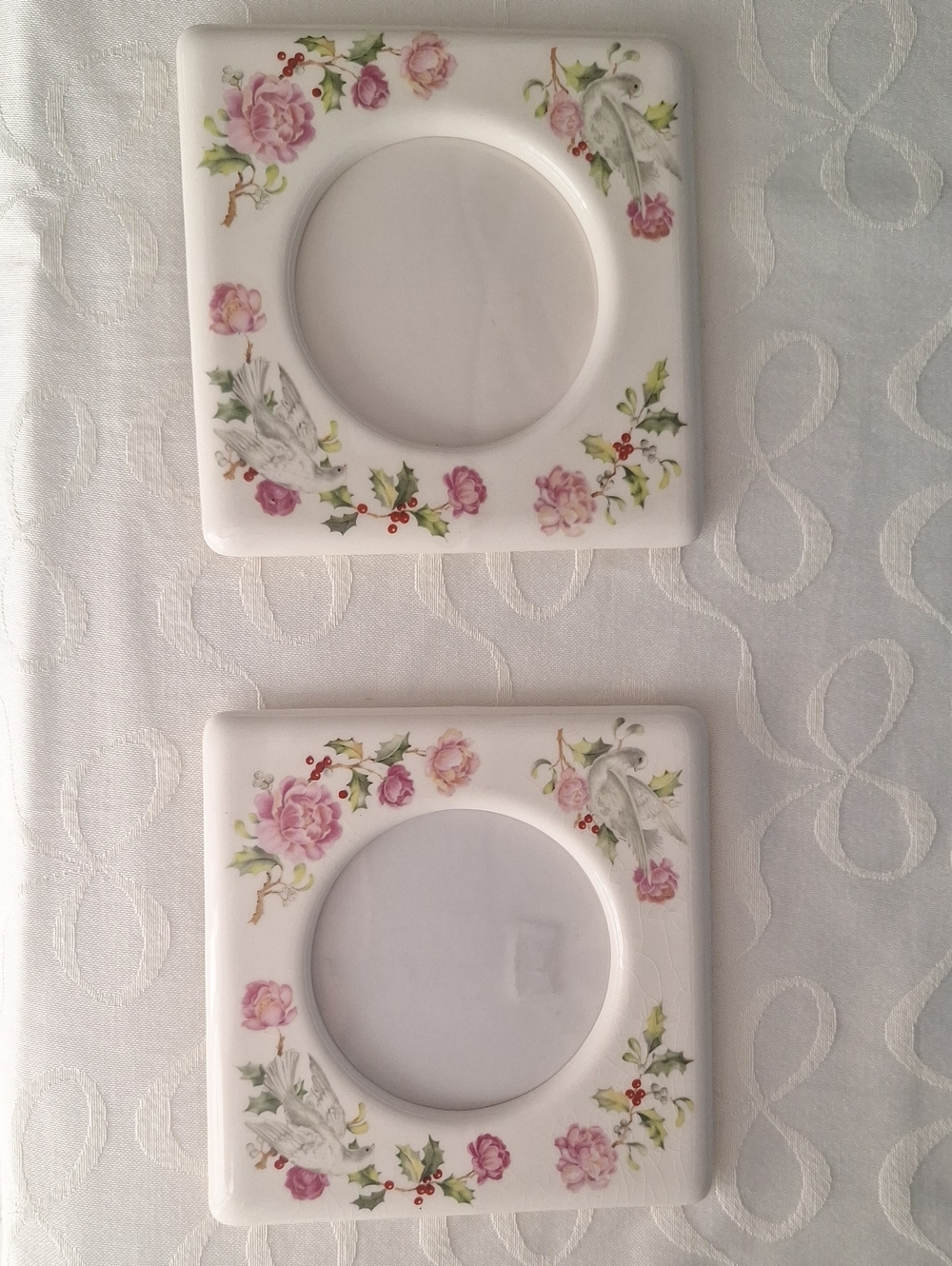Vintage Cream Floral Ceramic Table Top Photo Frame Sets with Pink Rose Accents